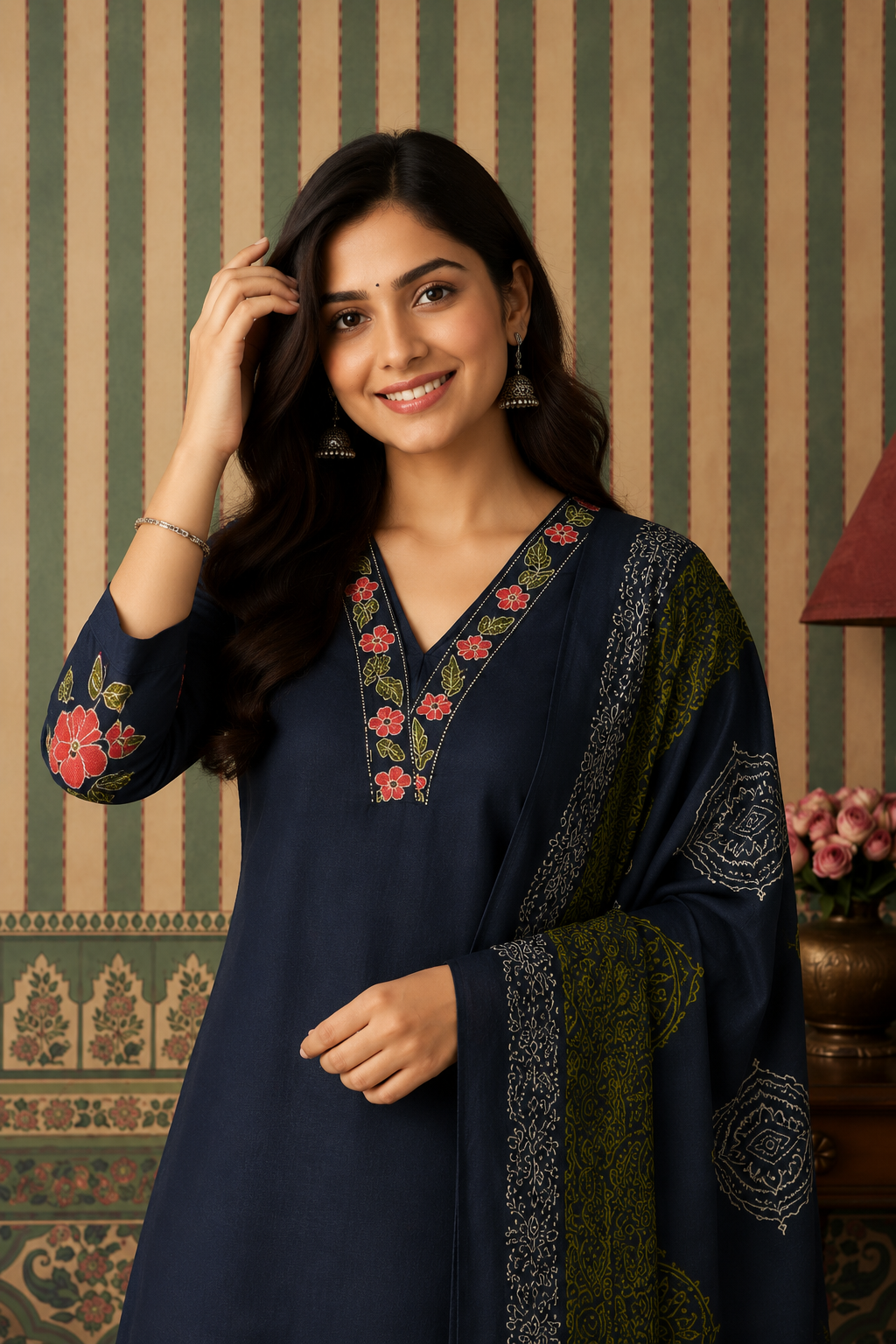 Women's Navy Blue Embroidered Kurta Palazzo Set with Printed Dupatta