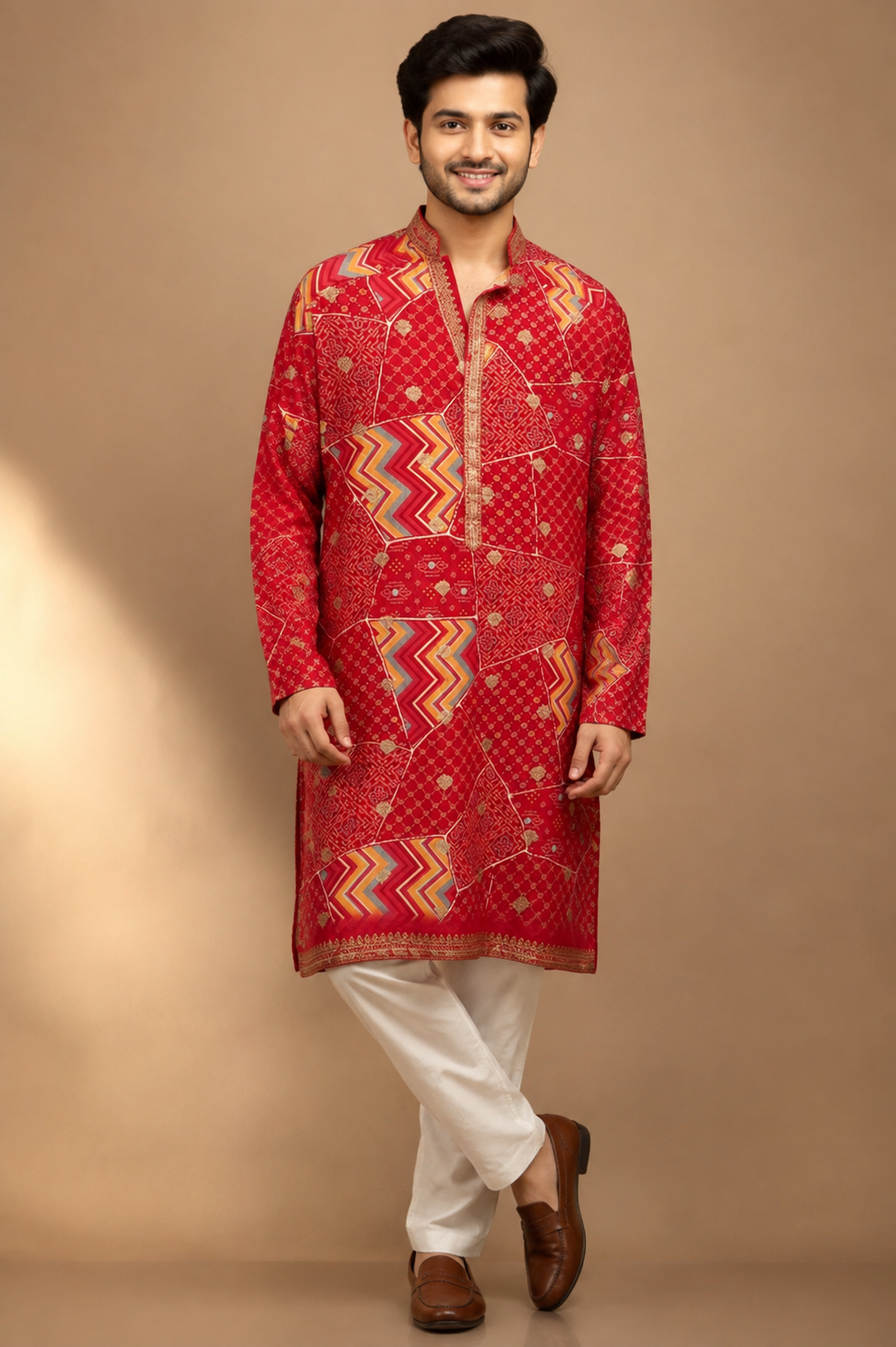 Festive Red Patchwork Print Kurta