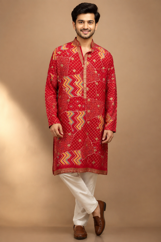 Festive Red Patchwork Print Kurta