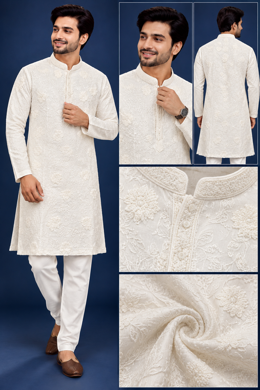 Ivory Embroidered Ethnic Kurta Set
