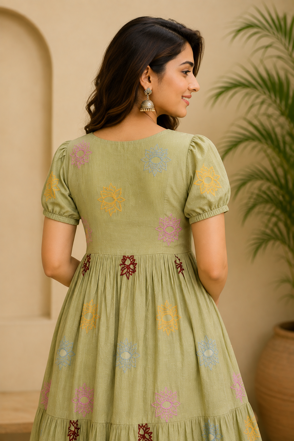 Women’s Embroidered Tiered Maxi Dress with Puff Sleeves