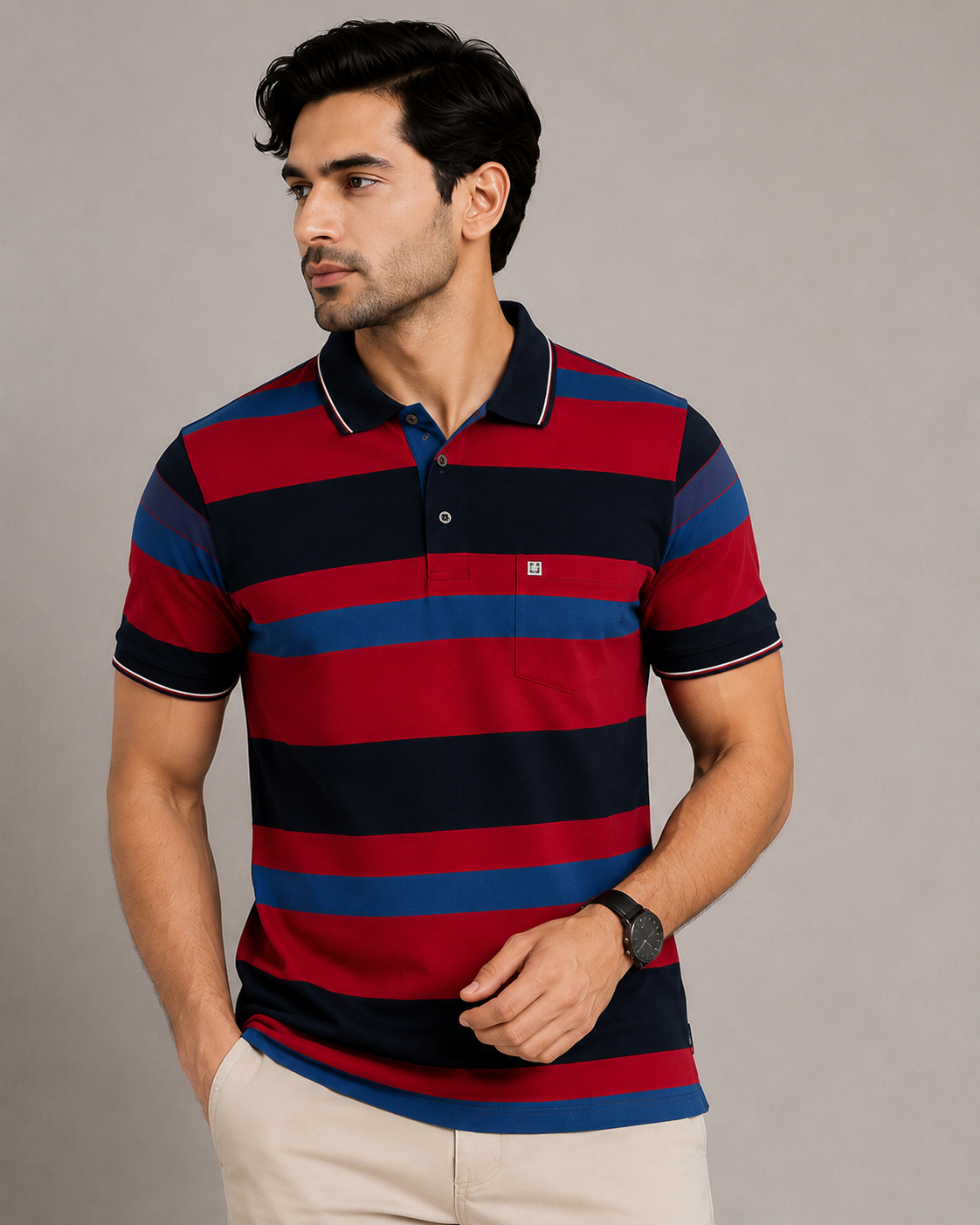 Title: Men’s Red & Navy Blue Striped Polo T-Shirt