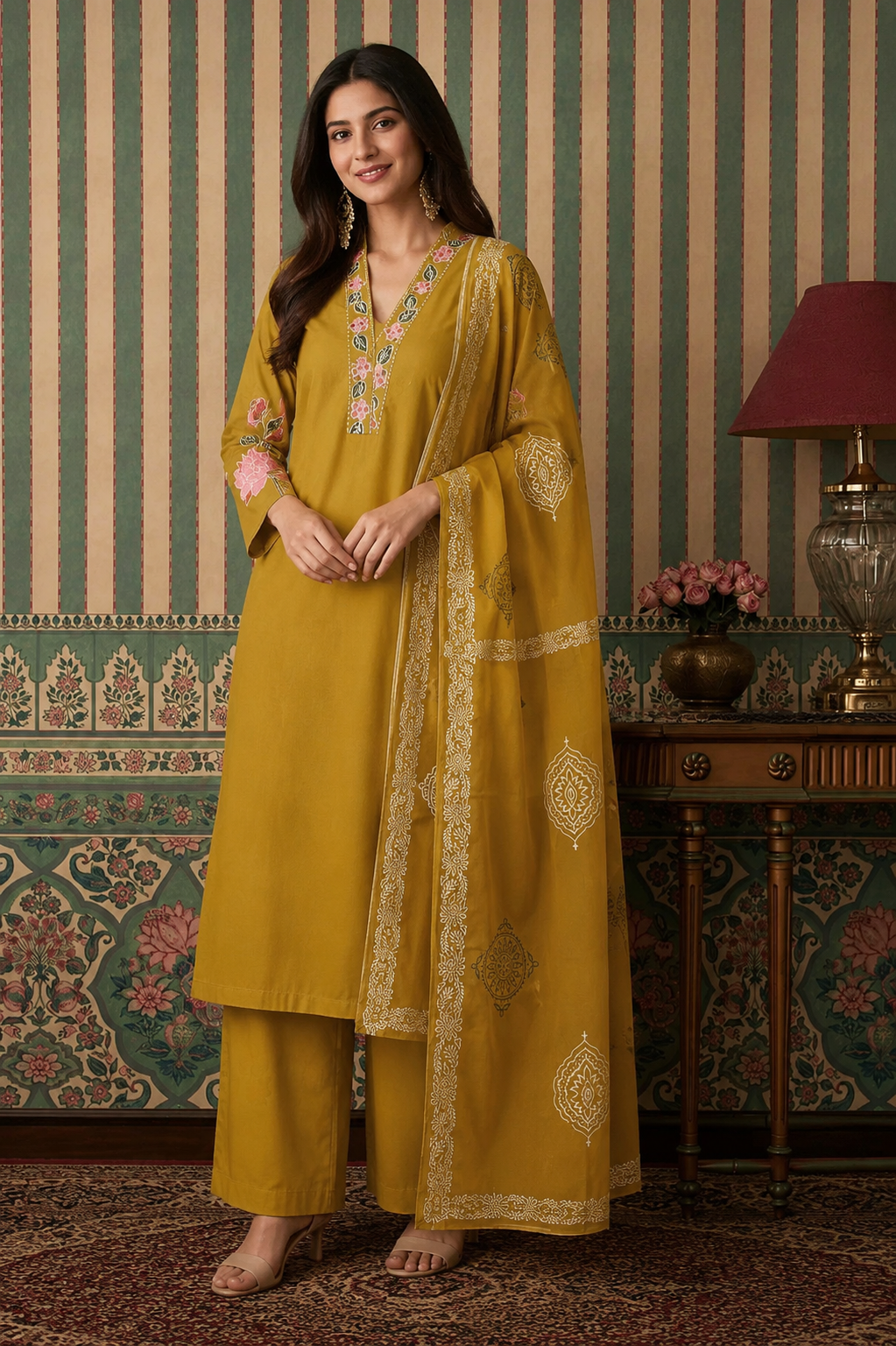 Mustard Yellow Floral Embroidered Kurta Palazzo & Printed Dupatta Set