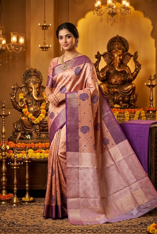 Elegant Peach & Purple Kanjivaram Silk Saree for Festive Celebrations