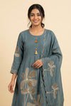 Dusty Blue Floral Embroidered Kurta Dupatta Set