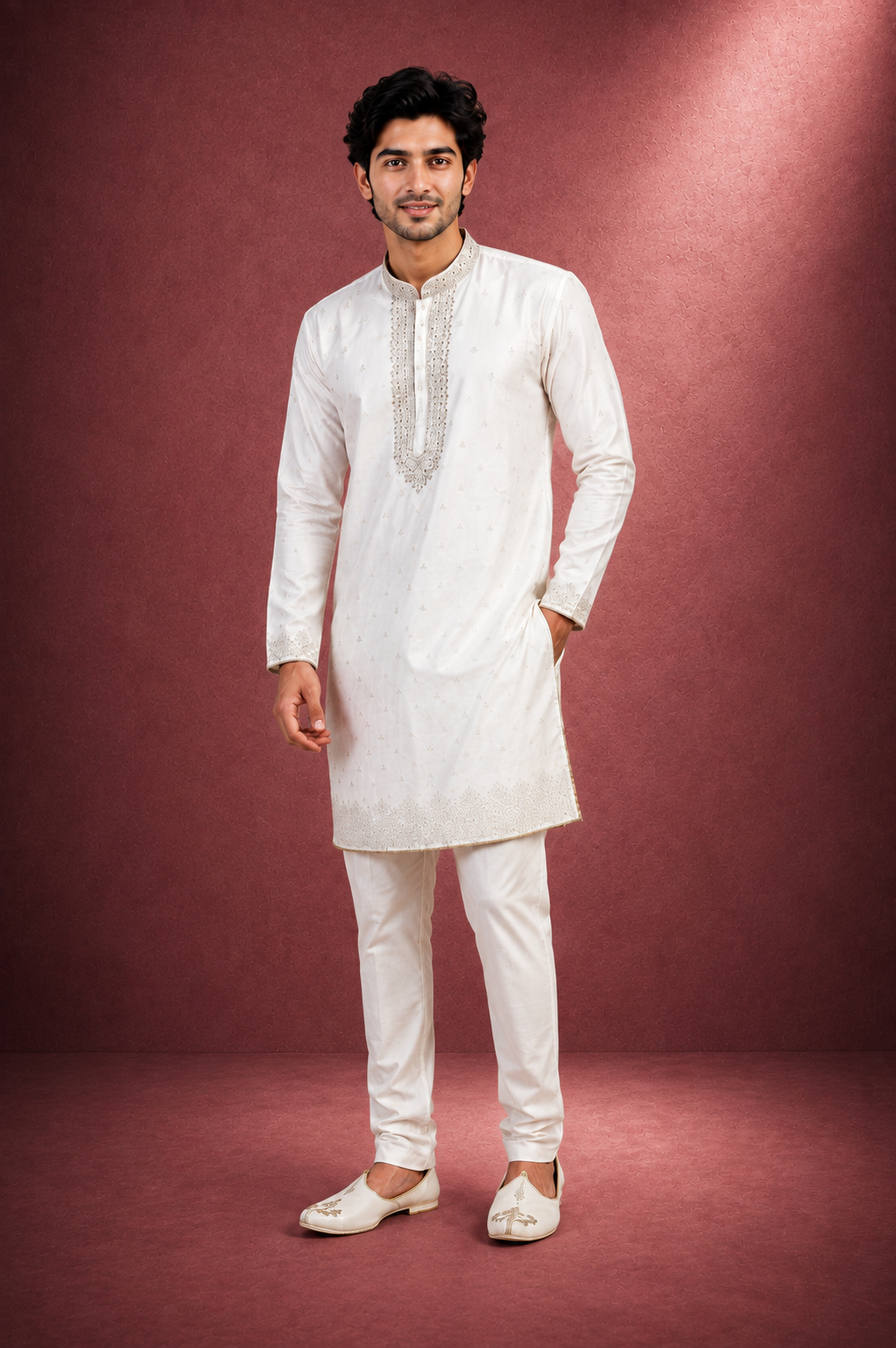 Classic White Embroidered Kurta Set for Men