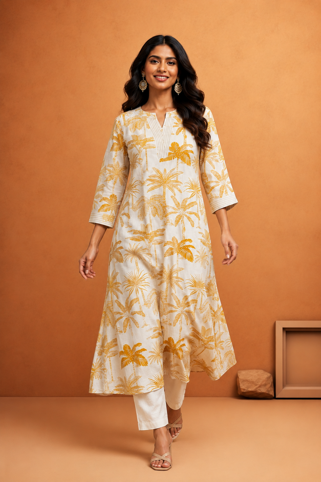 Women's  Tropical Print Anarkali Kurta with Off White Pants
