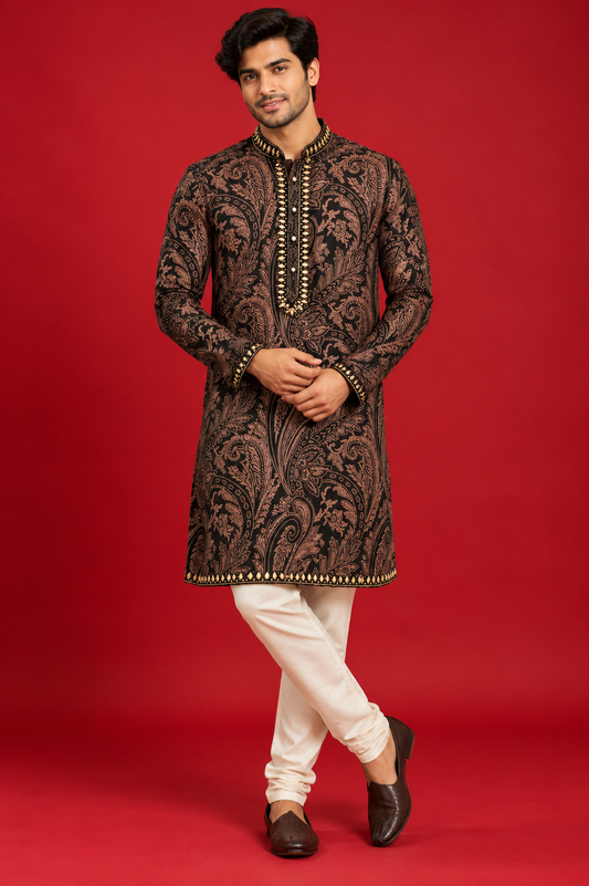 Black & Bronze Paisley Wedding Kurta Set