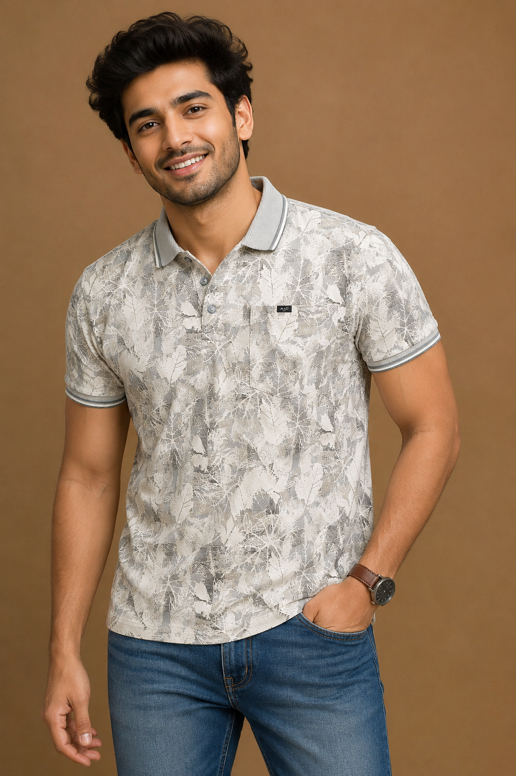 Men's Grey Leaf Print Polo T-Shirt with Chest Pocket