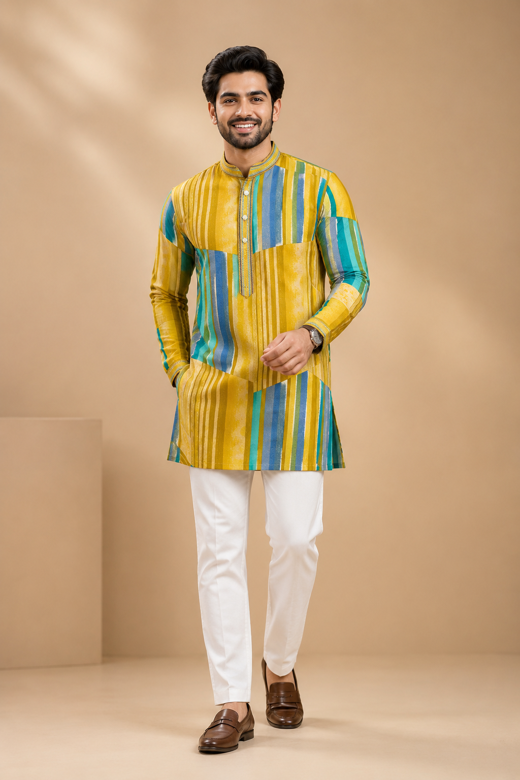 Mustard & Teal Striped Festive Kurta Set for Men
