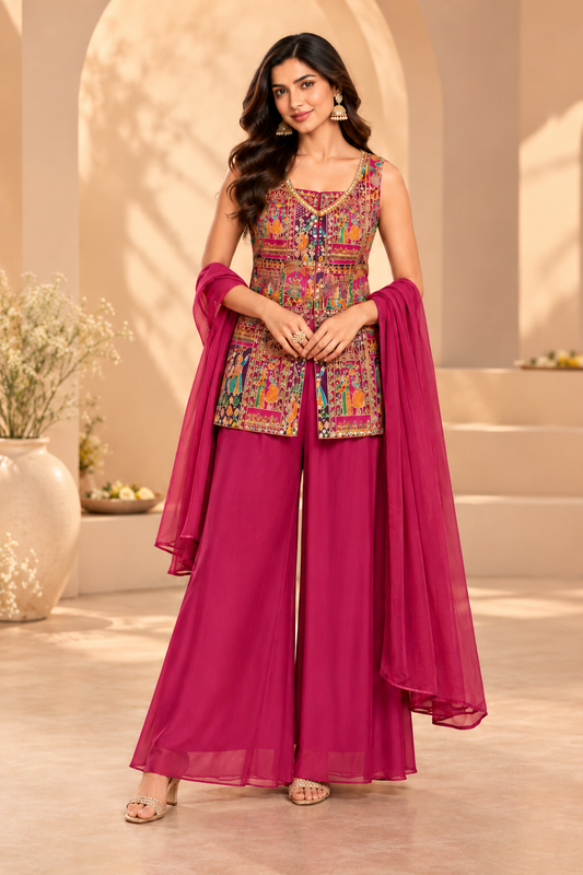 Women's Magenta Embroidered Ethnic Jacket Palazzo Set with Dupatta