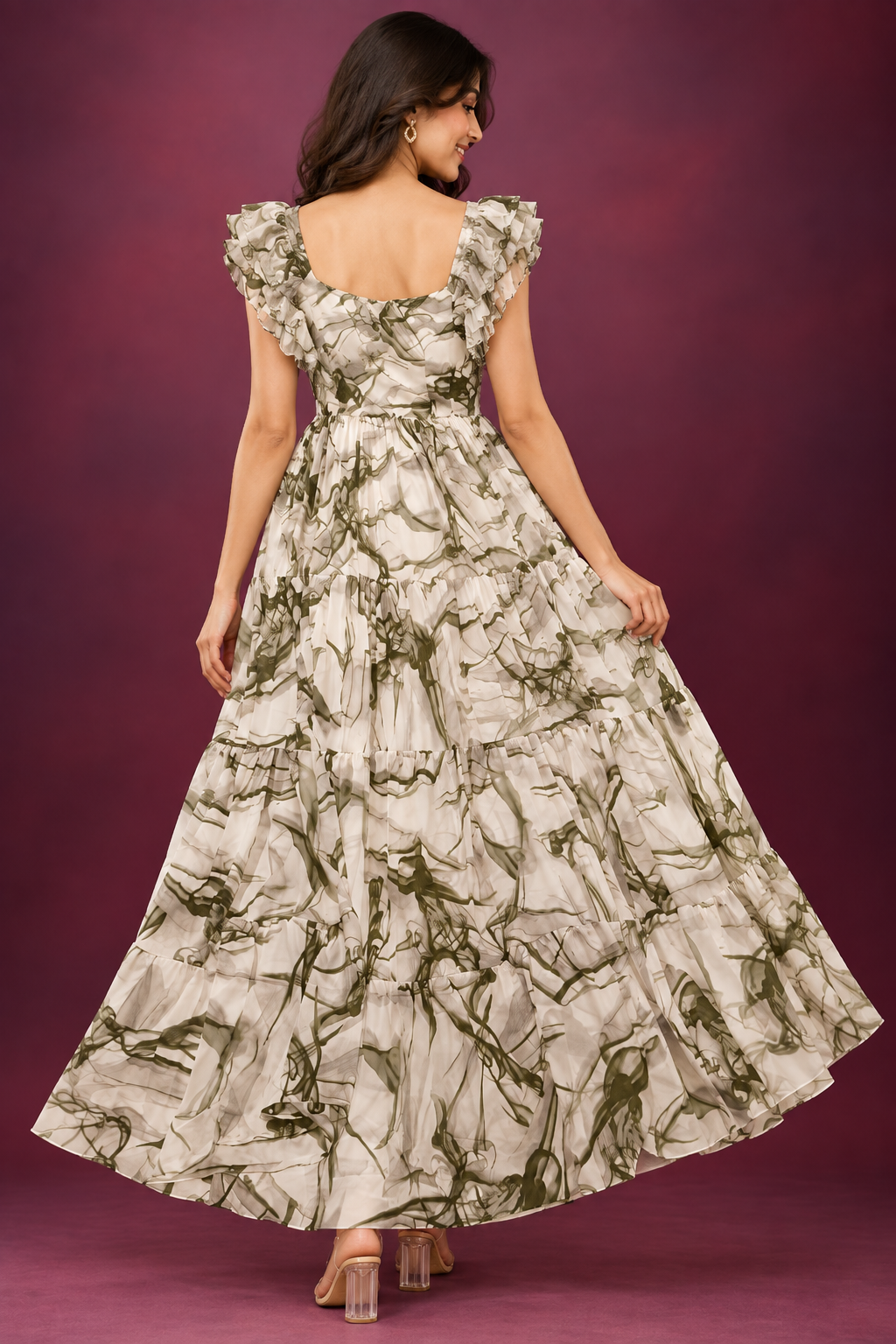 Olive Marble Print Tiered Maxi Dress