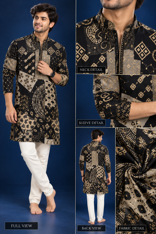 Black & Gold Abstract Print Festive Kurta Set