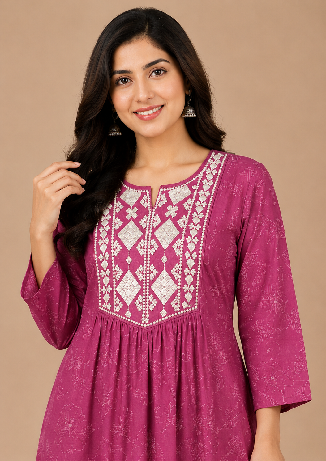 Magenta Embroidered Anarkali Kurti for Women