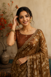 Elegant Coffee Brown Floral Embroidered Organza Saree