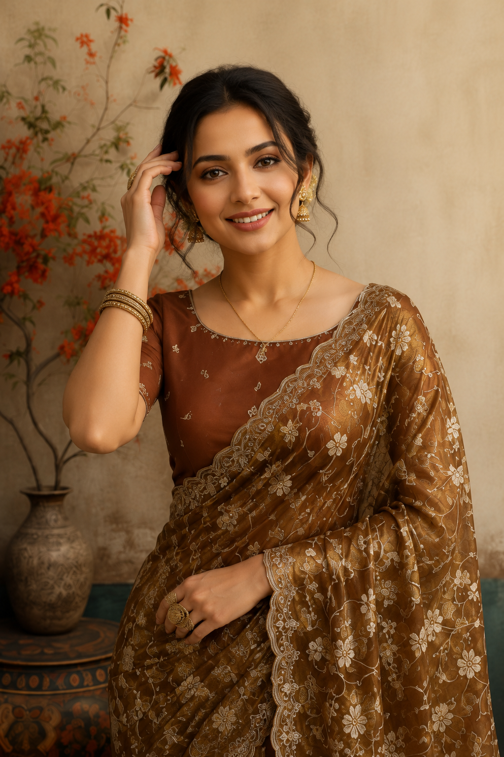 Elegant Coffee Brown Floral Embroidered Organza Saree