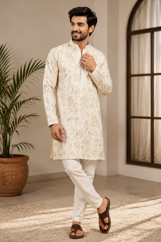 Ivory Printed Men’s Ethnic Kurta Set