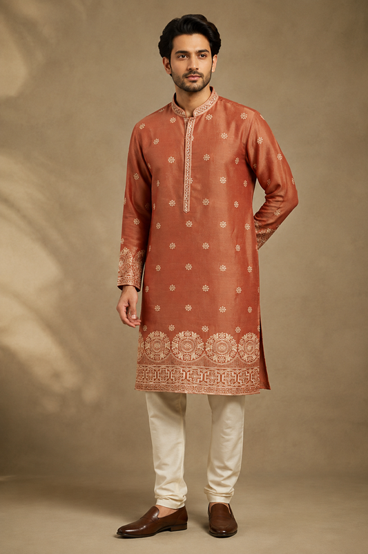 Rust Orange Heritage Embroidered Kurta