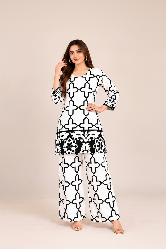 Women’s White & Black Geometric Print Co-Ord Set