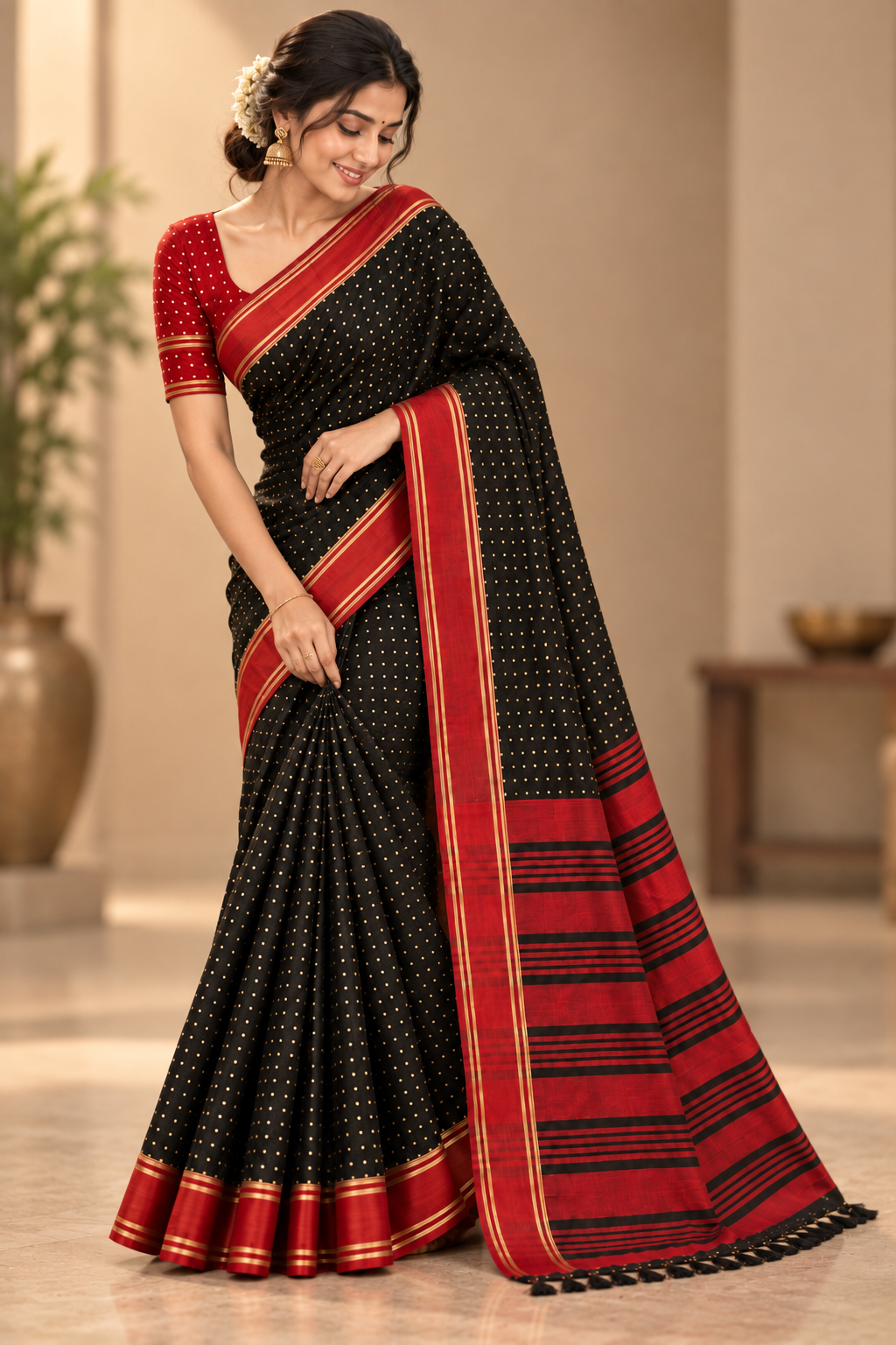 Black & Red Polka  Saree with Traditional Border