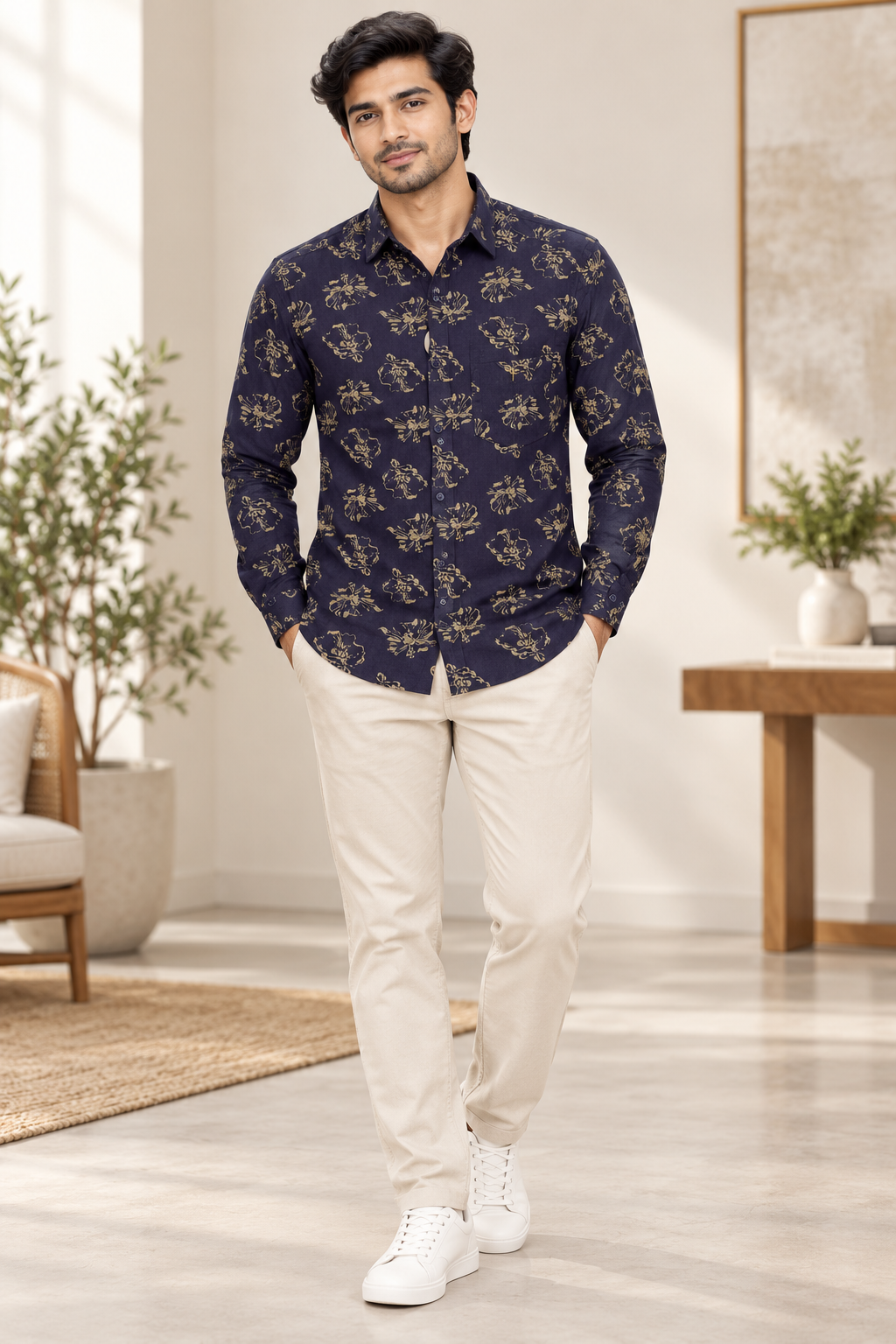 Navy Floral Print Casual Shirt
