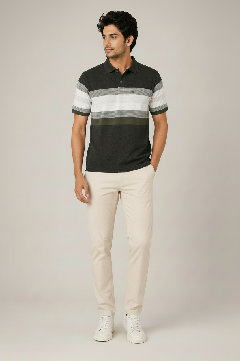 Men’s Olive Black Striped Polo T-Shirt
