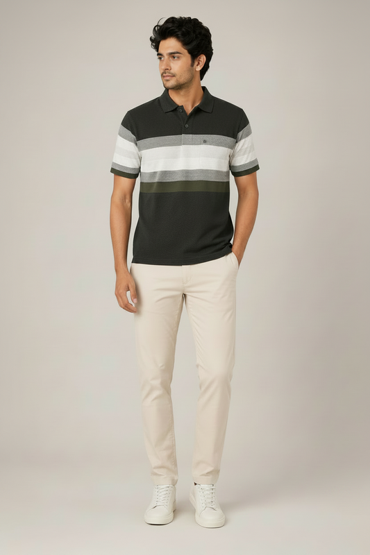Men’s Olive Black Striped Polo T-Shirt