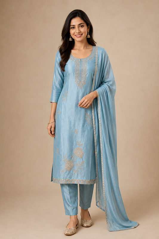 Elegant Sky Blue Embroidered Kurta Set with Dupatta