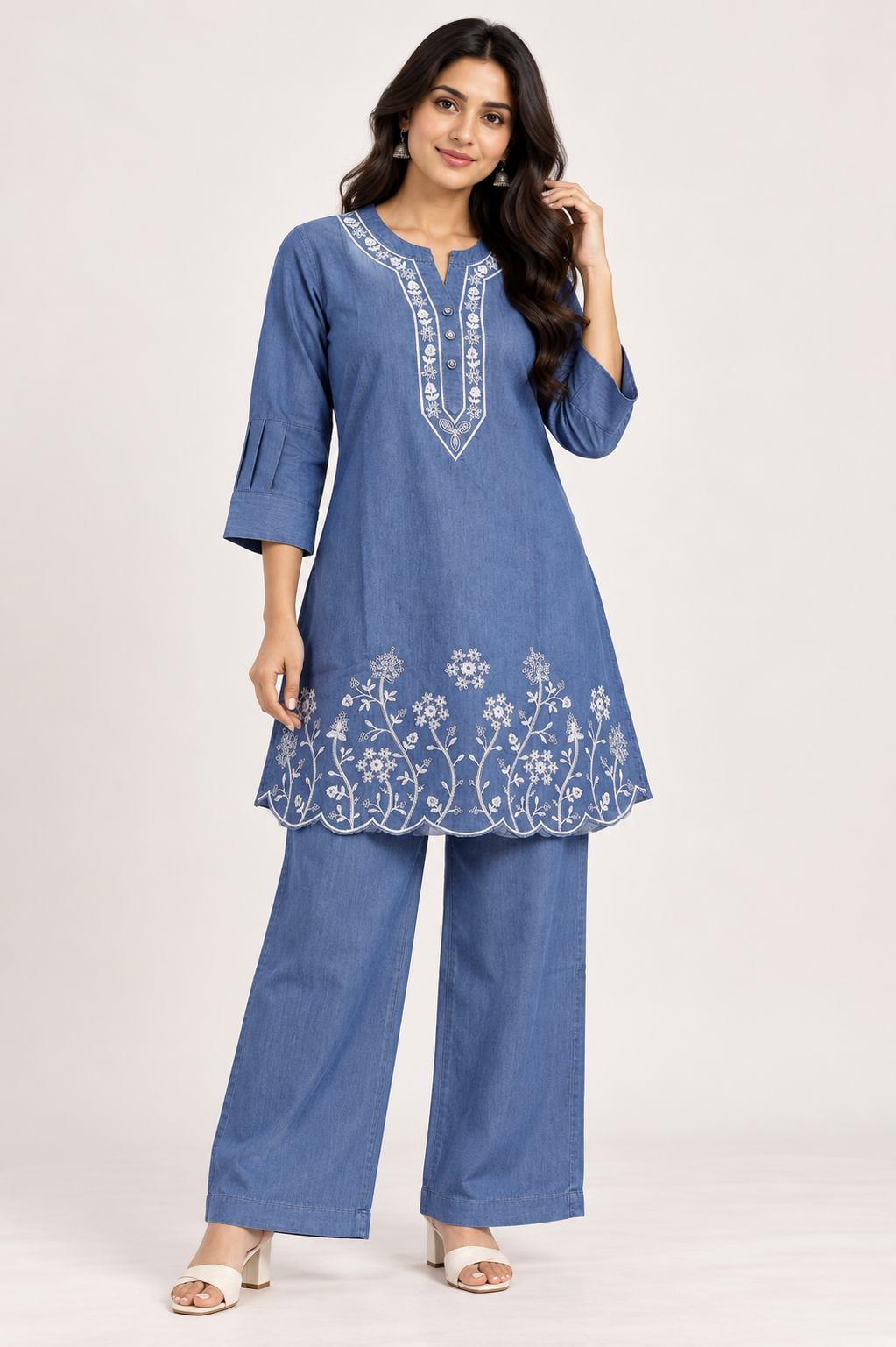 Women's Denim Blue Floral Embroidered Kurta & Palazzo Set
