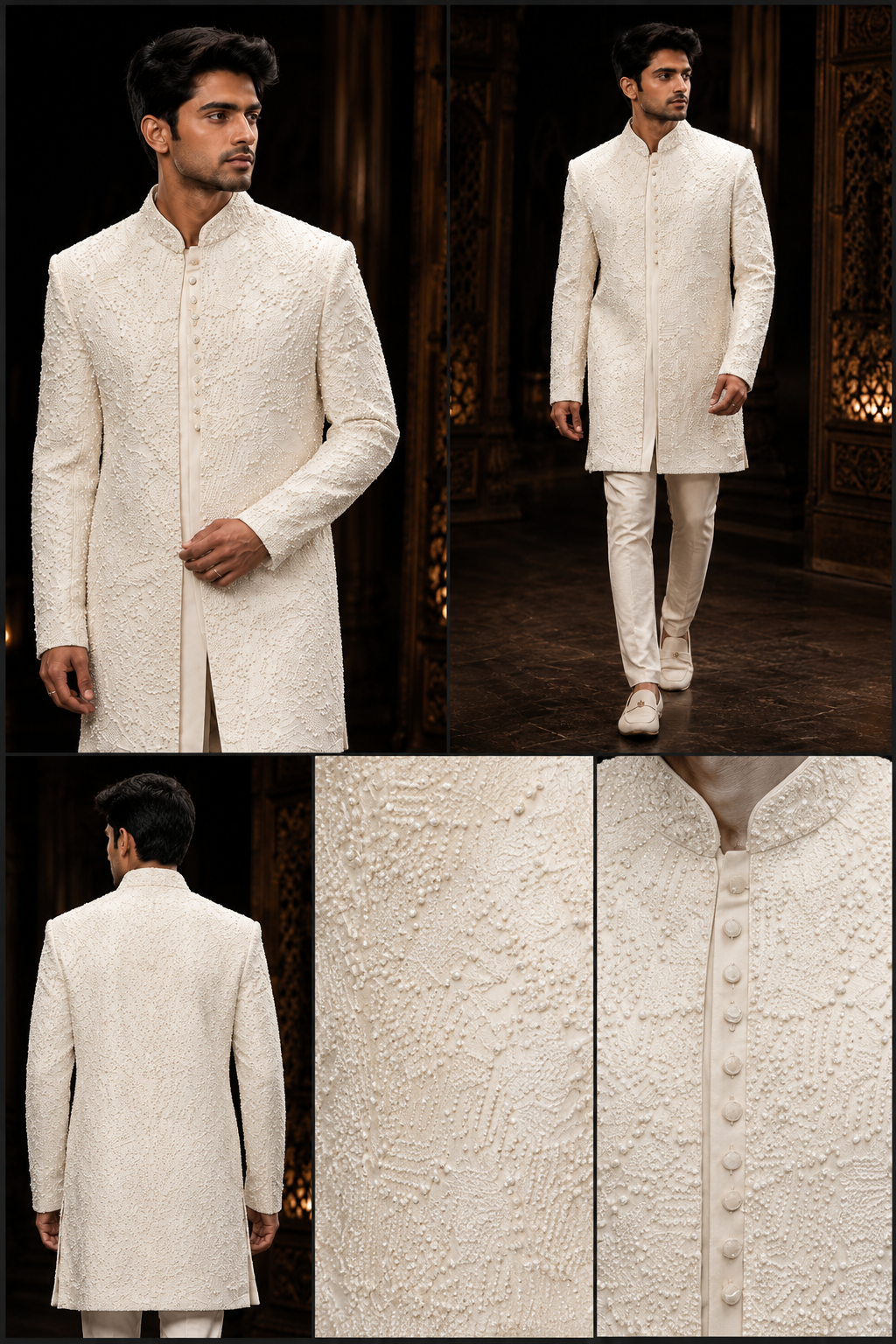 Ivory Textured Embroidered Indo-Western Sherwani