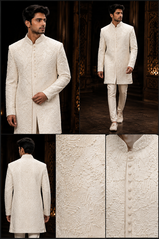Ivory Textured Embroidered Indo-Western Sherwani
