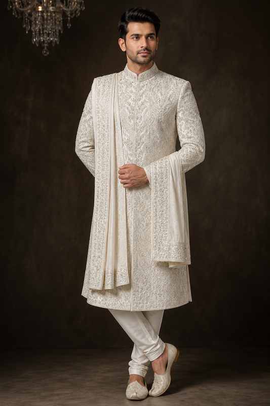 Royal Ivory Embroidered Sherwani with Dupatta