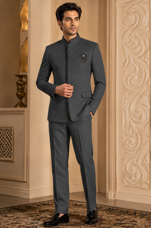 Charcoal Grey Embellished Jodhpuri Bandhgala Suit