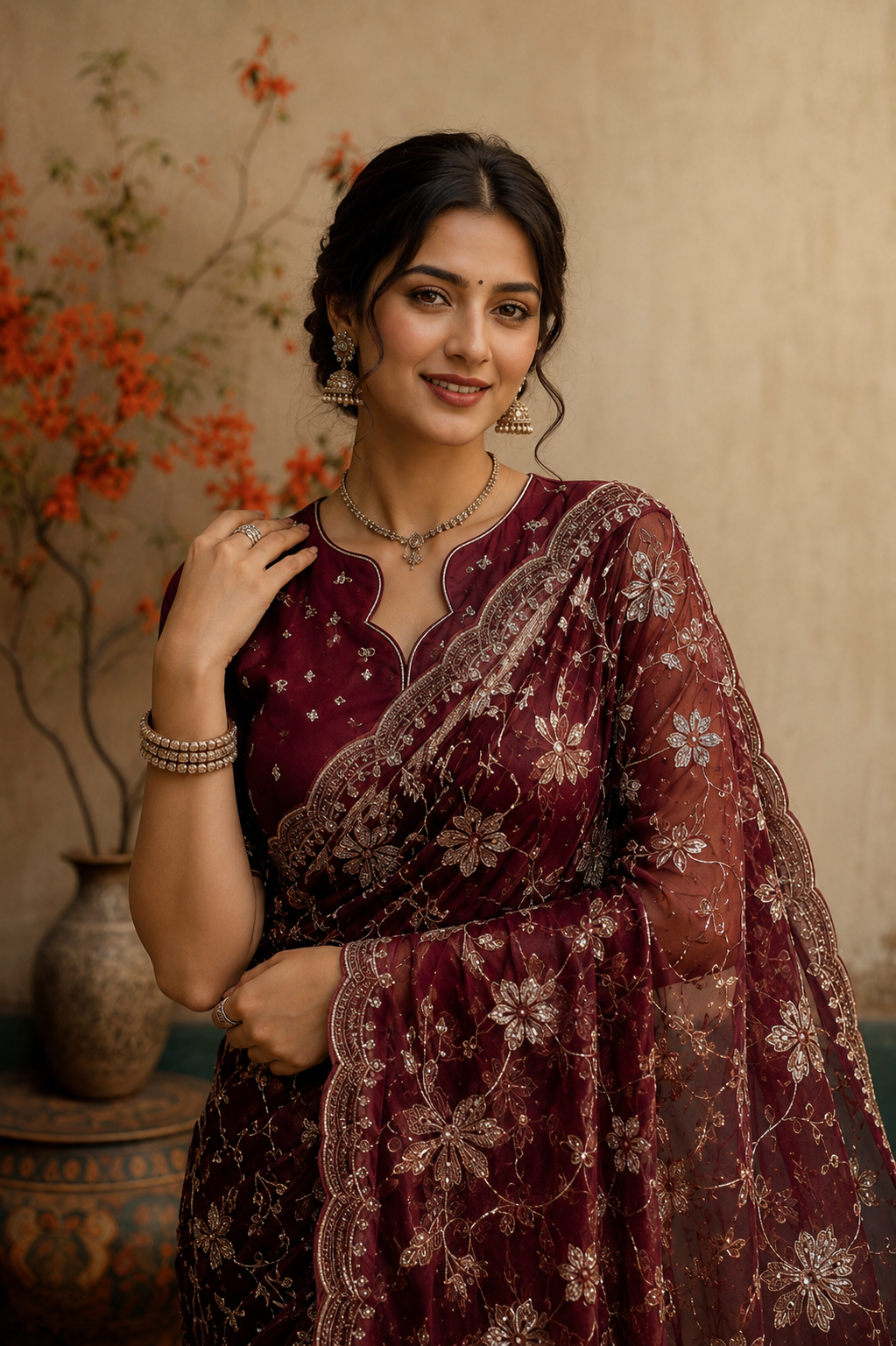 Elegant Wine Embroidered Organza Saree with Intricate Floral Sequins Work