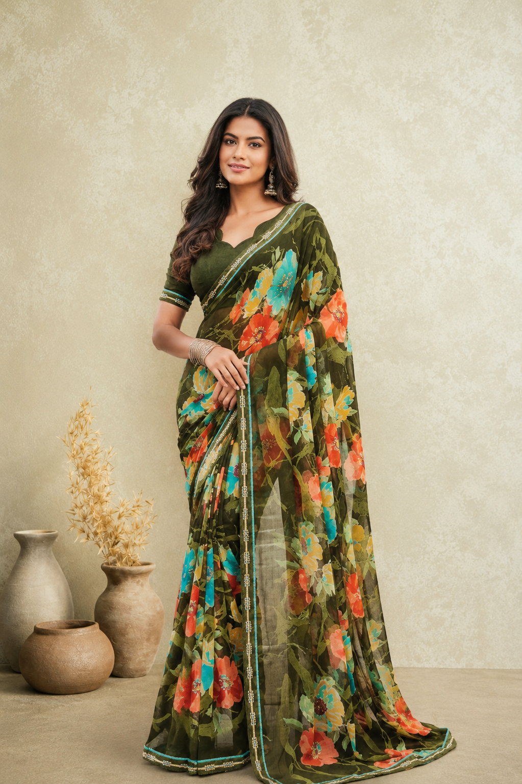 Olive Bloom Floral Printetd Saree