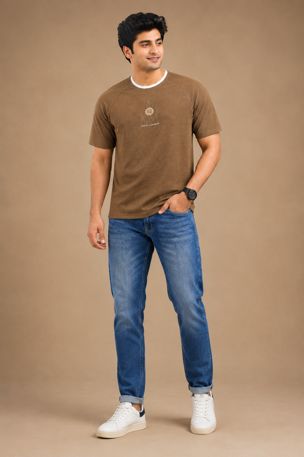 Men's Textured Brown Crew Neck T-Shirt