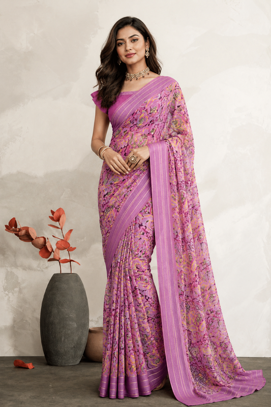 Women's Orchid Pink Floral Printed Saree with Elegant Woven Border | Lightweight Festive & Party Wear