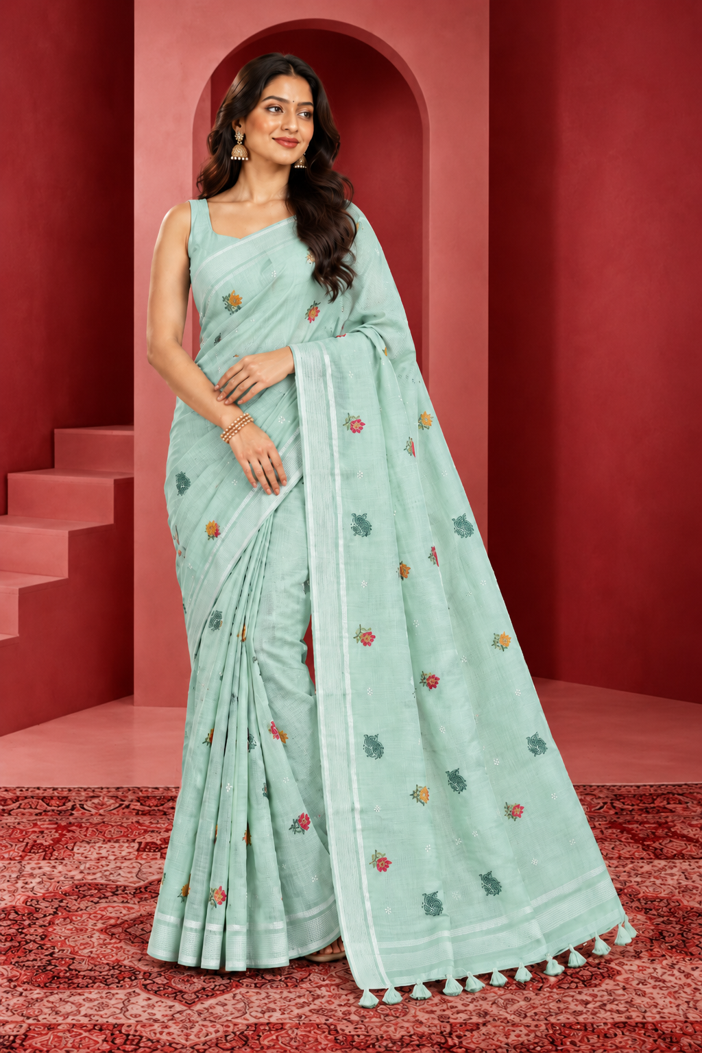 Elegant Mint Green Floral Embroidered Saree