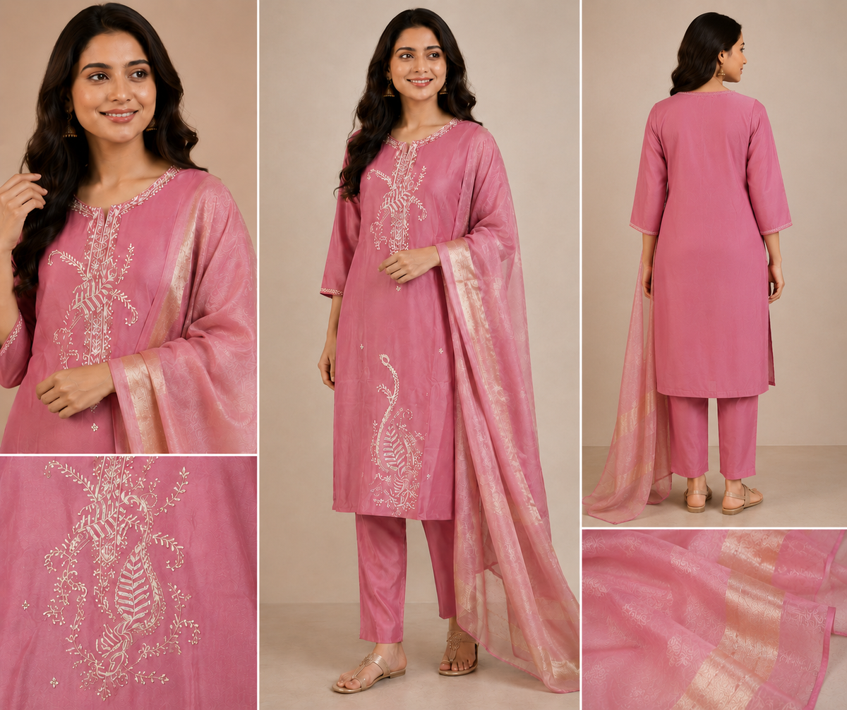 Rose Pink Kurti Pant & Dupatta Set