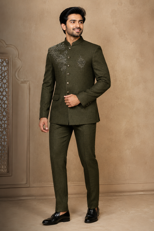 Olive Green Embellished Jodhpuri Bandhgala Suit
