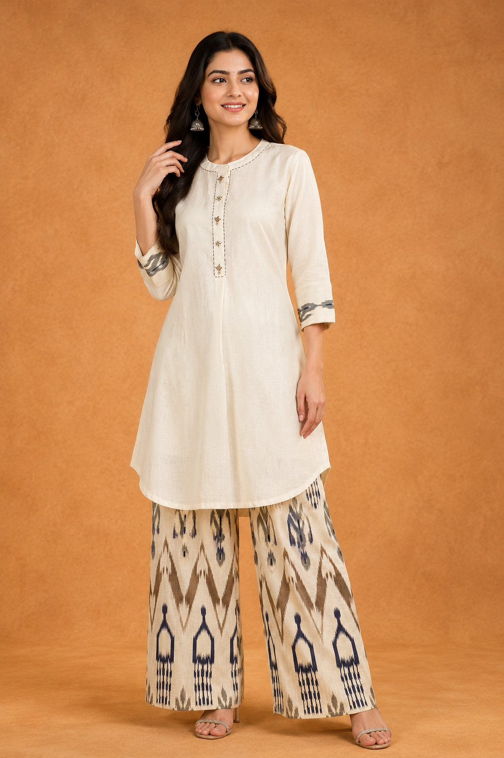 Women's Printed Kurti with Ikat Palazzo Co-ord Set