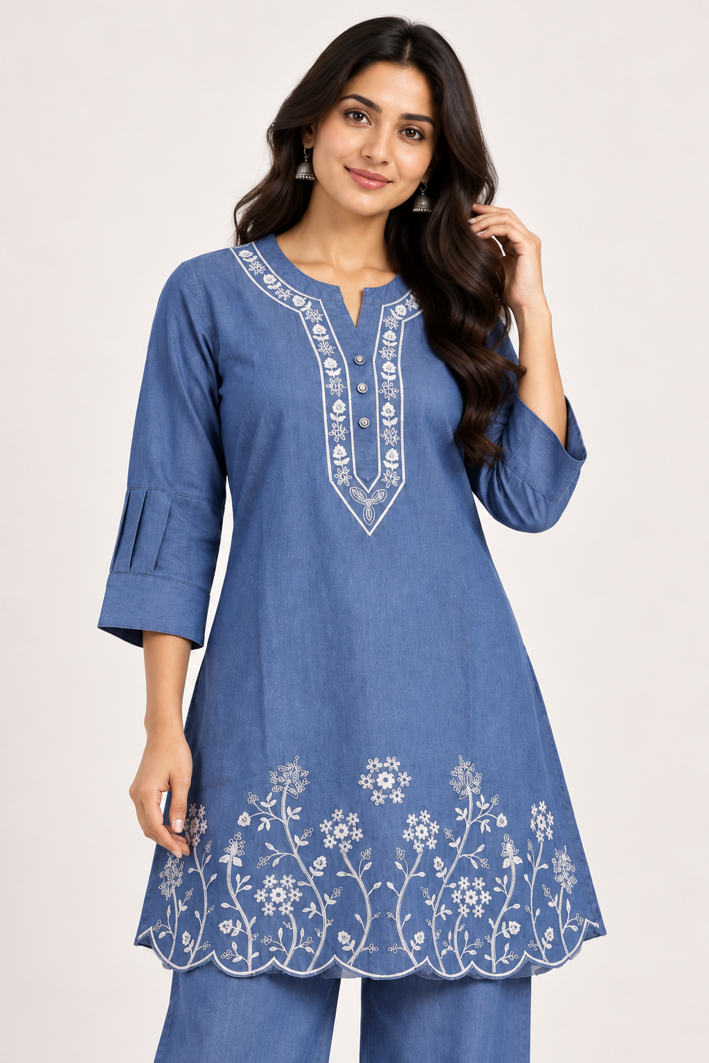 Women's Denim Blue Floral Embroidered Kurta & Palazzo Set
