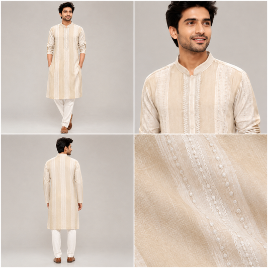 Beige Vertical Striped Embroidered Cotton Silk Kurta