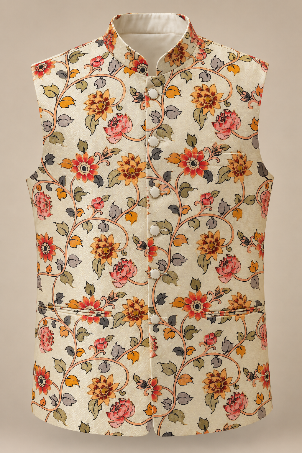 Ivory Floral Printed Nehru Jacket for Men