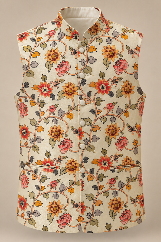 Ivory Floral Printed Nehru Jacket for Men
