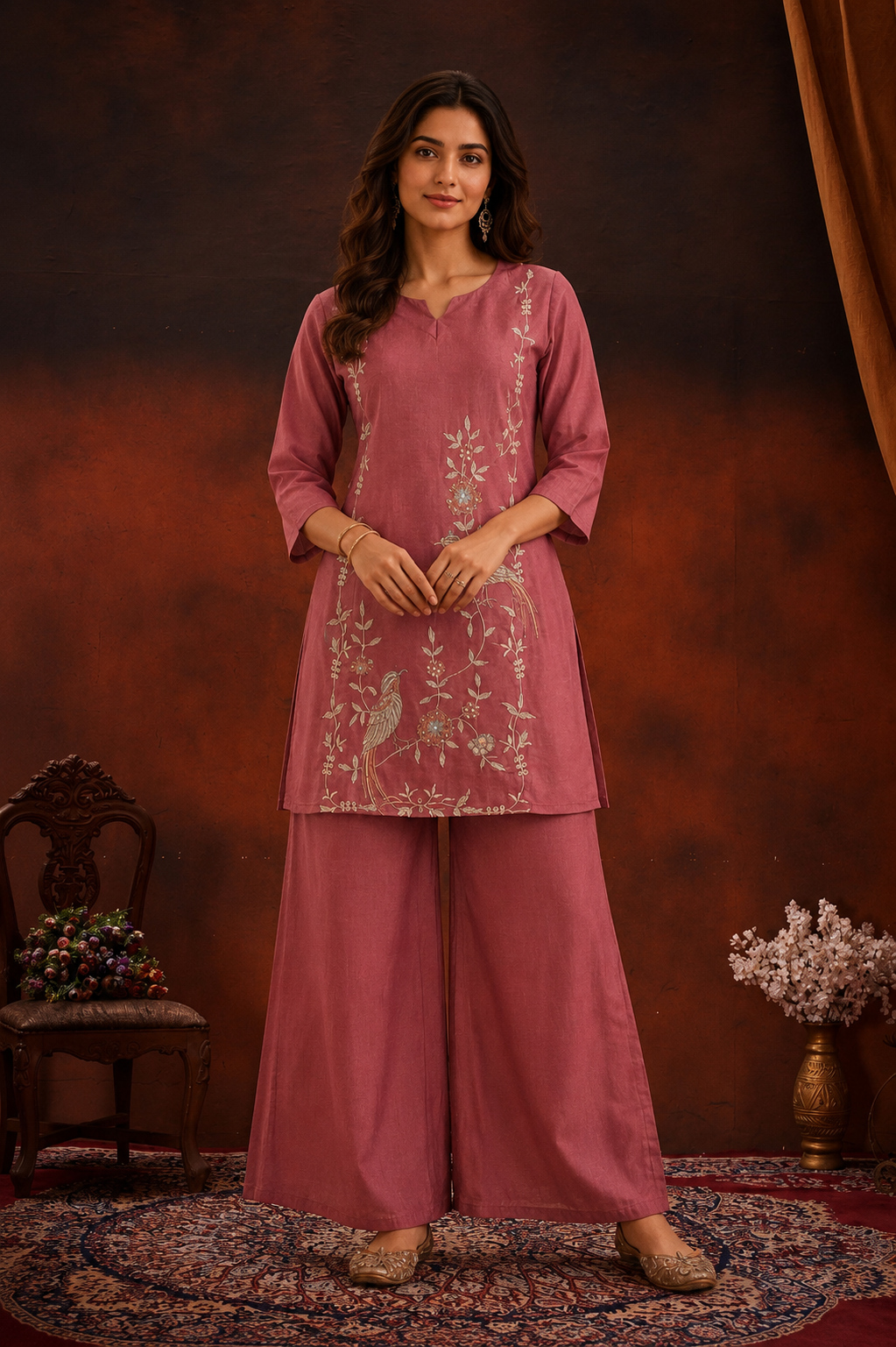 Rose Pink Embroidered  co-ord set