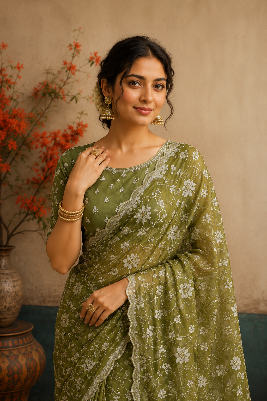 Olive Green Organza Saree with Delicate Floral Embroidery