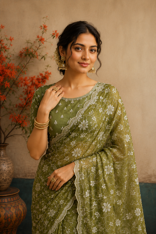 Olive Green Organza Saree with Delicate Floral Embroidery