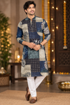 Navy Blue & Beige Patchwork Print Festive Kurta