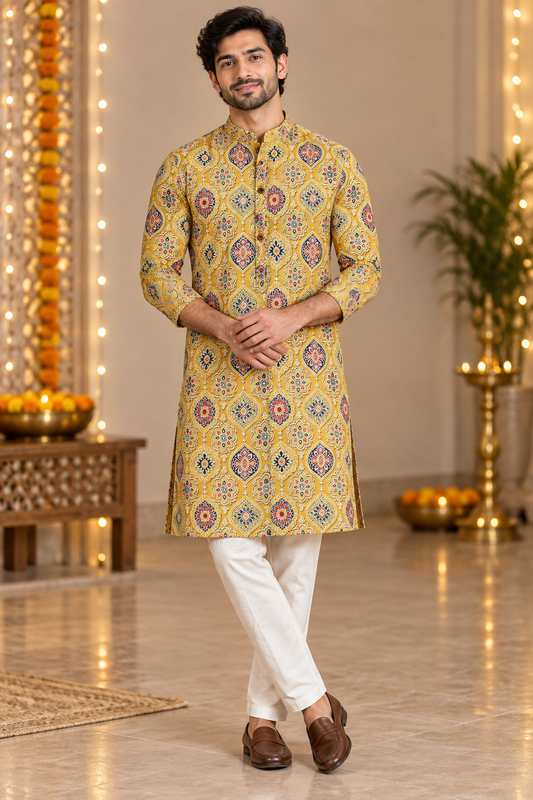 Mustard Yellow Traditional Motif Festive Kurta